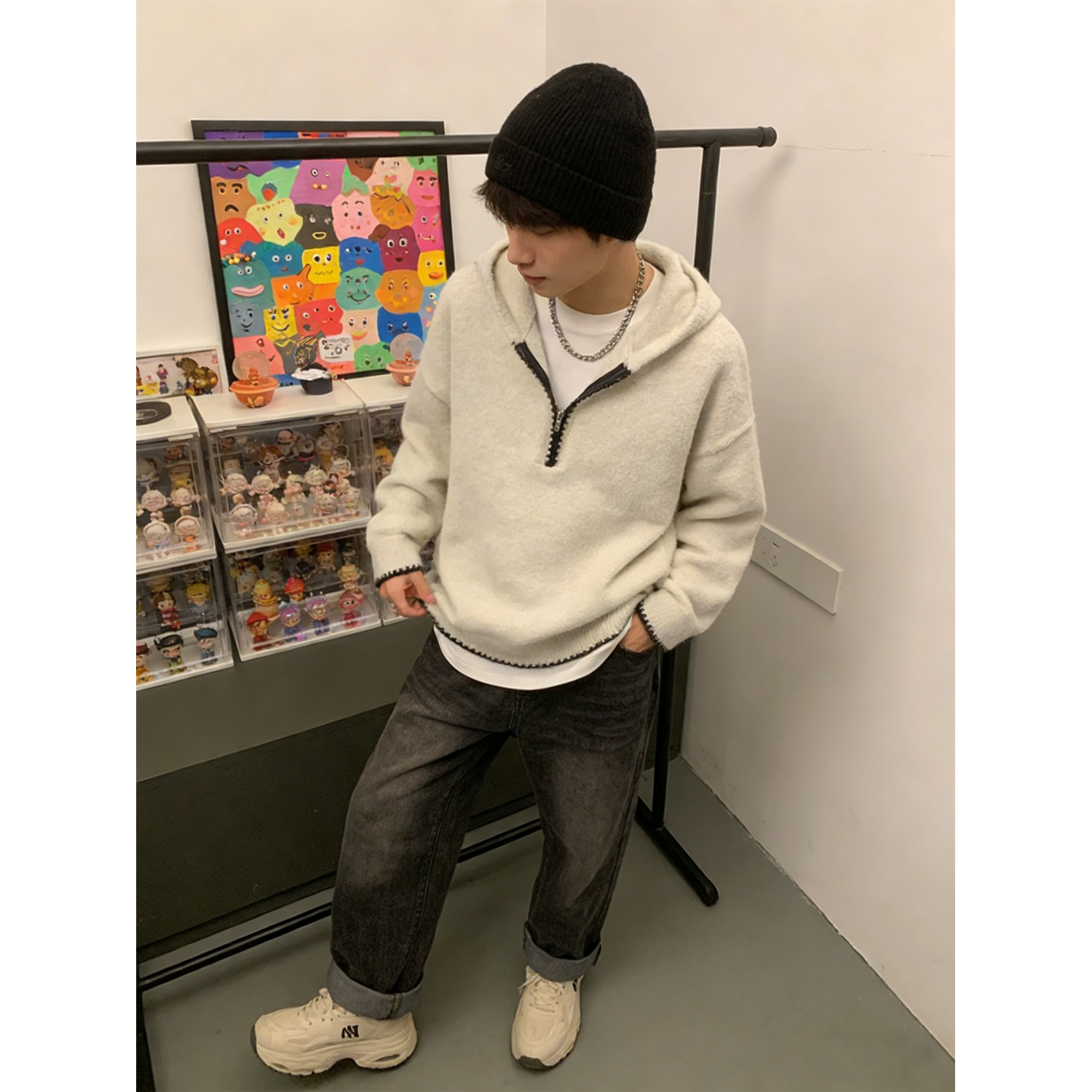 美式半拉链连帽套头针织衫男女同款秋冬外穿慵懒风宽松帽衫毛衣潮