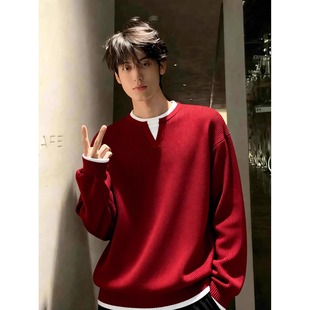 假两件V领针织衫 圣诞穿搭毛衣慵懒高级感本命年红色外套 男生冬季