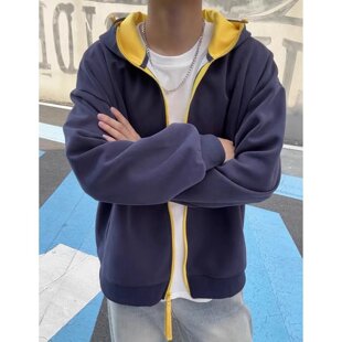 花灰色拼色连帽卫衣开衫男款2026春秋季时尚重磅情侣外套硬挺夹克