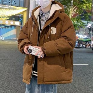 连帽款 棉衣加绒加厚保暖外套潮流大码 情侣棉袄 冬季 灯芯绒棉服男士