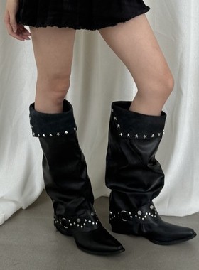 JW stylish 复古尖头铆钉裤管靴女 辣妹废土风黑色粗跟扣堆堆靴子