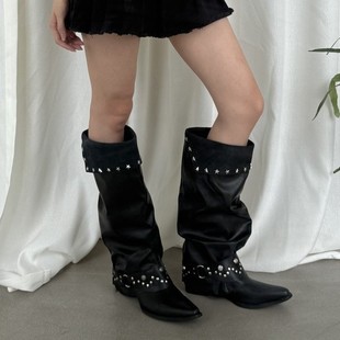 管靴女 复古尖头铆钉裤 辣妹废土风黑色粗跟扣堆堆靴子 stylish