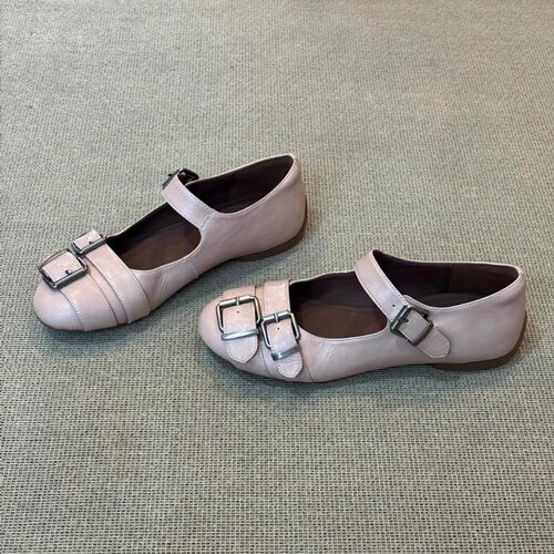 JW stylish 复古做旧圆头平底牛皮单鞋女 浅口一字带玛丽珍小皮鞋