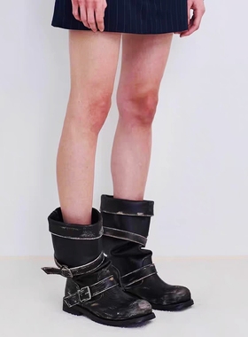 JW stylish 复古做旧皮带扣堆堆靴女秋季 小众粗跟中筒靴工装靴子