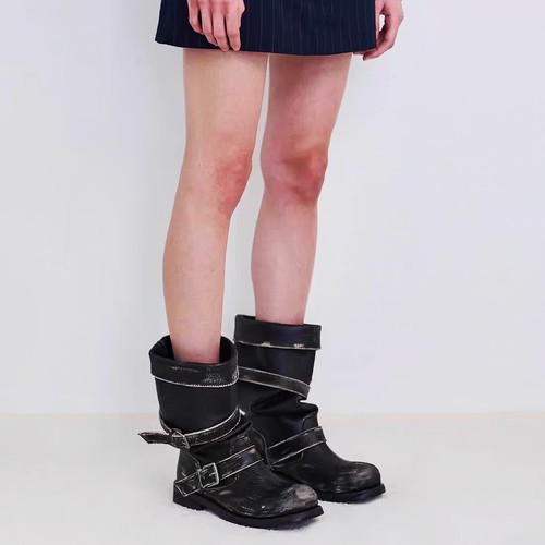 JW stylish 复古做旧皮带扣堆堆靴女秋季 小众粗跟中筒靴工装靴子