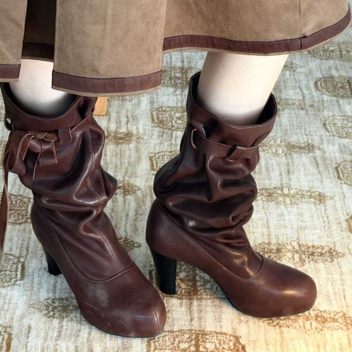 JW stylish 复古褶皱蝴蝶结中筒靴女中古风堆堆靴绑带粗高跟靴子