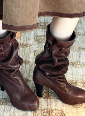 JW stylish 复古褶皱蝴蝶结中筒靴女中古风堆堆靴绑带粗高跟靴子