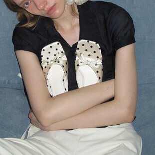 小众黑白中跟方头凉鞋 女 复古缎面波点异形跟拖鞋 子 stylish