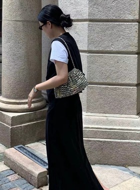 JW stylish 复古设计感银色串珠手提包包女 镂空时髦单肩包腋下包