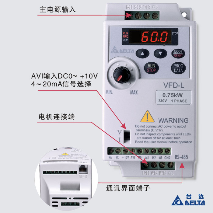 台达变频VF器D-L 0.4/0.75KW VFD002/004/007L21A/VFD015/022L21W