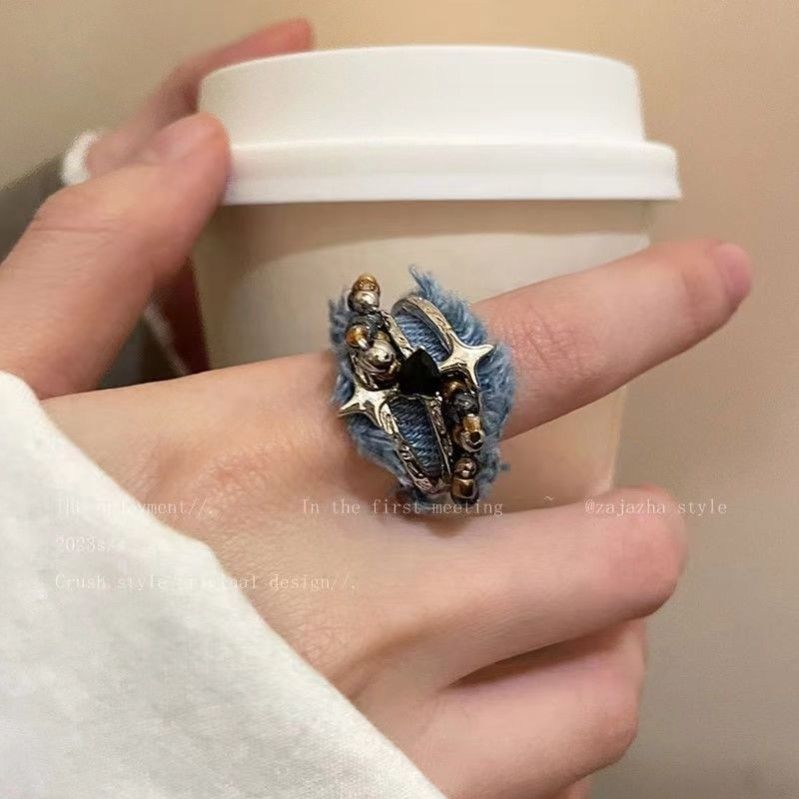牛仔布艺芒星戒指女秋冬潮酷开口可调节指环时尚个性情侣款食指戒