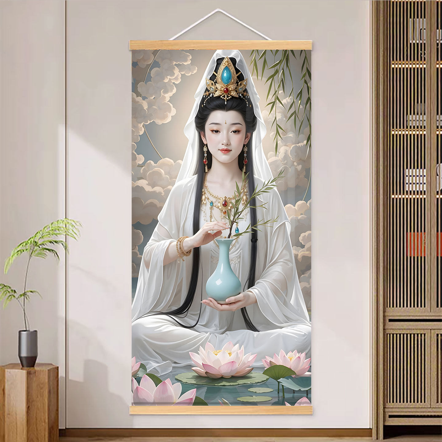 白衣观音画像保平安佛堂供奉挂画观世音菩萨佛像中堂装饰海报挂画