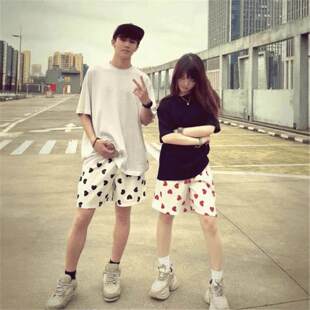 四分满印休闲短裤 裤 美式 夏季 爱心街头不过透气网眼膝 子情侣运动裤