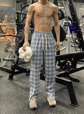 潮牌美式春秋新款男士蓝色格子休闲长裤系带潮牌直筒宽松裤男美式