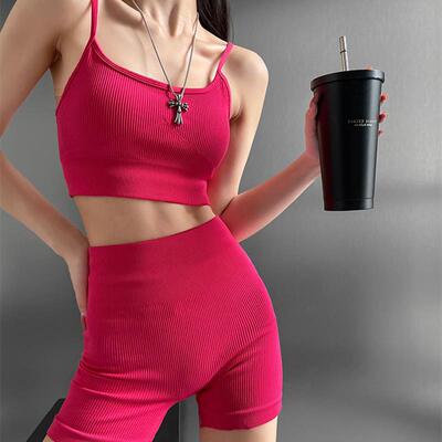 潮ins博主健身瑜伽运动套装女夏高腰紧身短裤针织吊带背心两件套