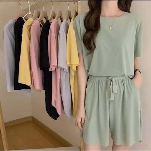 冰丝清凉短袖睡衣女士夏季可外穿舒适短裤宽松休闲家居服两件套装