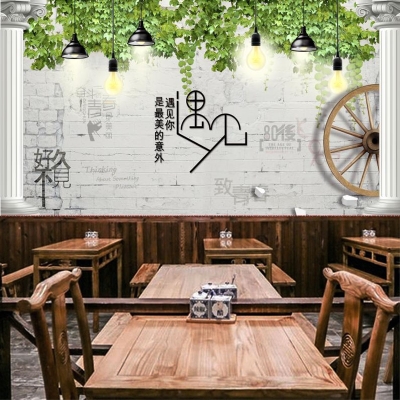 饭店奶茶藤蔓墙纸工业植烧烤餐厅壁纸绿店壁画遇见装饰风砖墙火锅