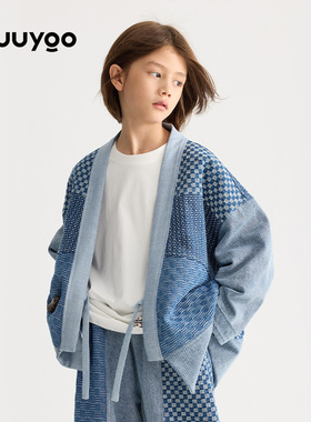 KUUYOO慢生活系列牛仔拼接和服中大童秋季斜开襟式道袍儿童外套
