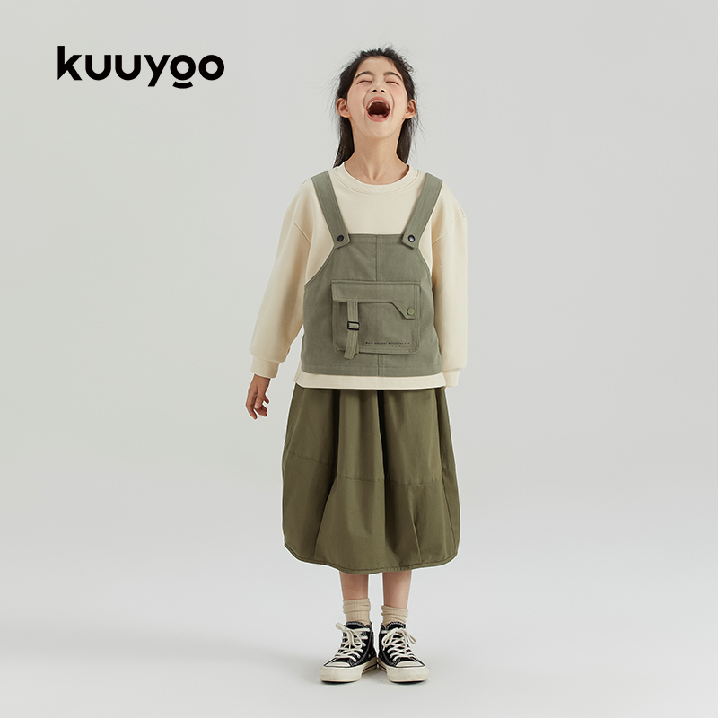 KUUYOO儿童假两件工装马甲设计加绒卫衣秋装中大女童上衣外套秋款