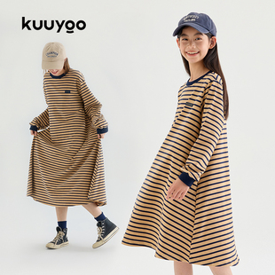 KUUYOO山系复古条纹长袖连衣裙秋款儿童裙子中大女童长裙女孩秋天