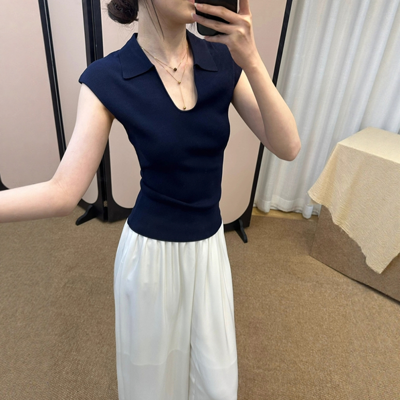 藏青色修身u领短袖冰丝针织衫女夏季高级感翻领小飞袖正肩t恤上衣