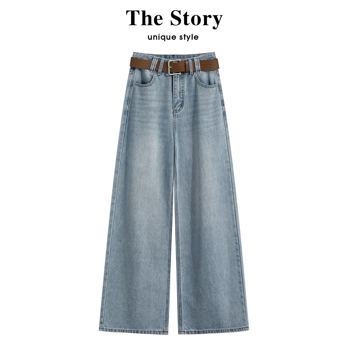 那些事衣橱浅蓝色阔腿牛仔裤女春高腰垂感百搭直筒裤显瘦宽松长裤