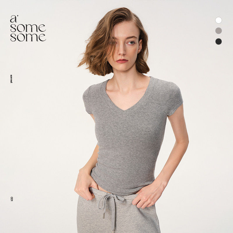asomesome美式修身正肩V领短袖T恤女2025基础内搭显瘦上衣打底衫