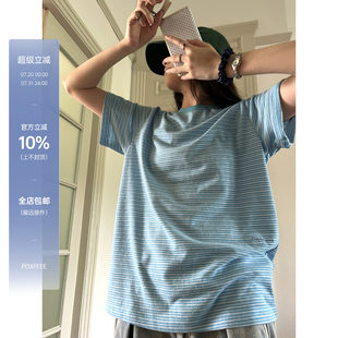 POXFFEE/蓝色条纹手绘刺绣短袖T恤女夏2025新款设计感打底衫上衣