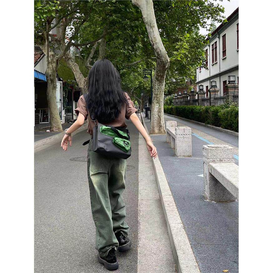 覆古绿色牛仔裤女夏季新款大尺码胖mm直筒高腰显瘦宽松阔腿拖地裤