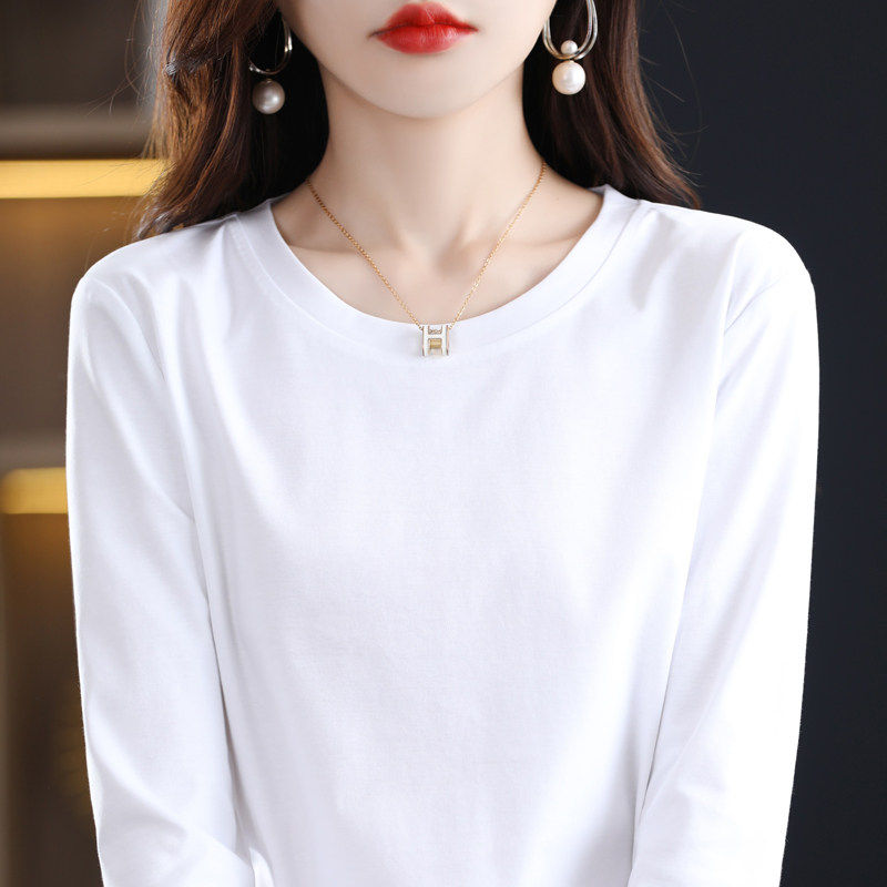 丝光纯棉白色长袖t恤女正肩2026春秋夏宽松圆领v领打底衫重磅大码
