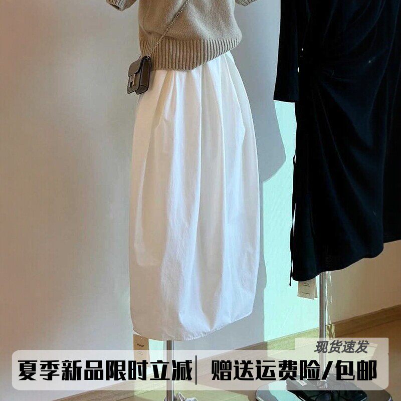 超好看白色半身裙女夏季薄款小个子松紧腰高腰显瘦百搭A字花苞裙