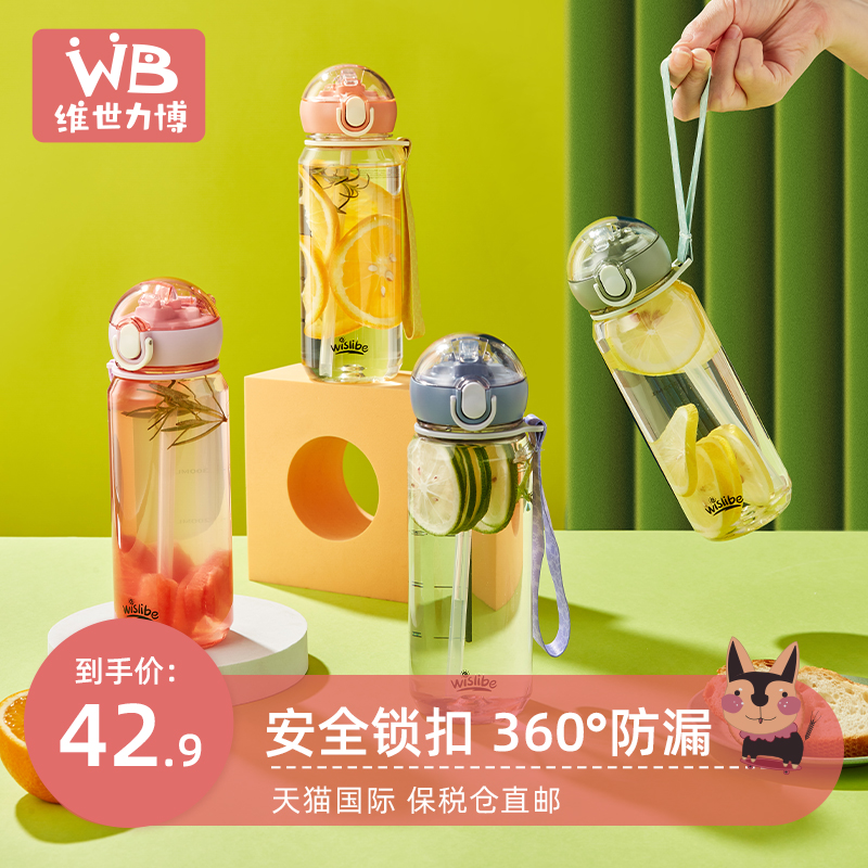 wislibe/WB印花锁扣吸管杯tritan卡水壶夏天挂绳水杯大容量
