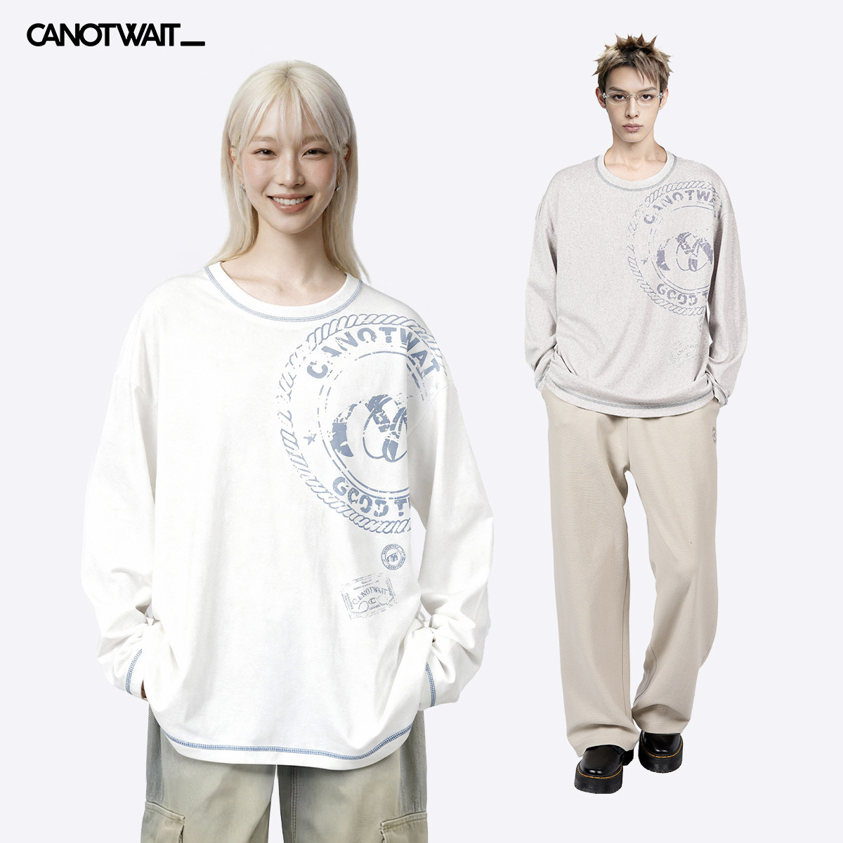陈伟霆同款长袖T恤CANOTWAIT_竹节纱做旧印花长袖T恤打底衫轻薄春