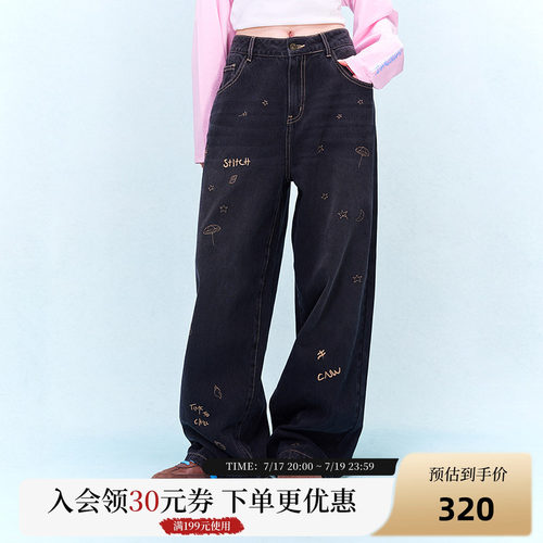 CANOTWAIT X 迪士尼联名史迪奇刺绣水洗牛仔长裤休闲男女秋季显瘦