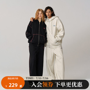 CANOTWAIT_athome系列复古彩标抓绒连帽卫衣卫裤套装外套男女款