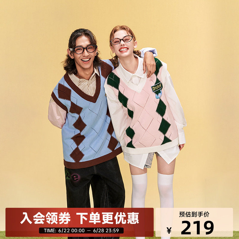 迪士尼联名史迪奇系列格纹毛衣背心秋冬款马甲男女同款情侣款潮流