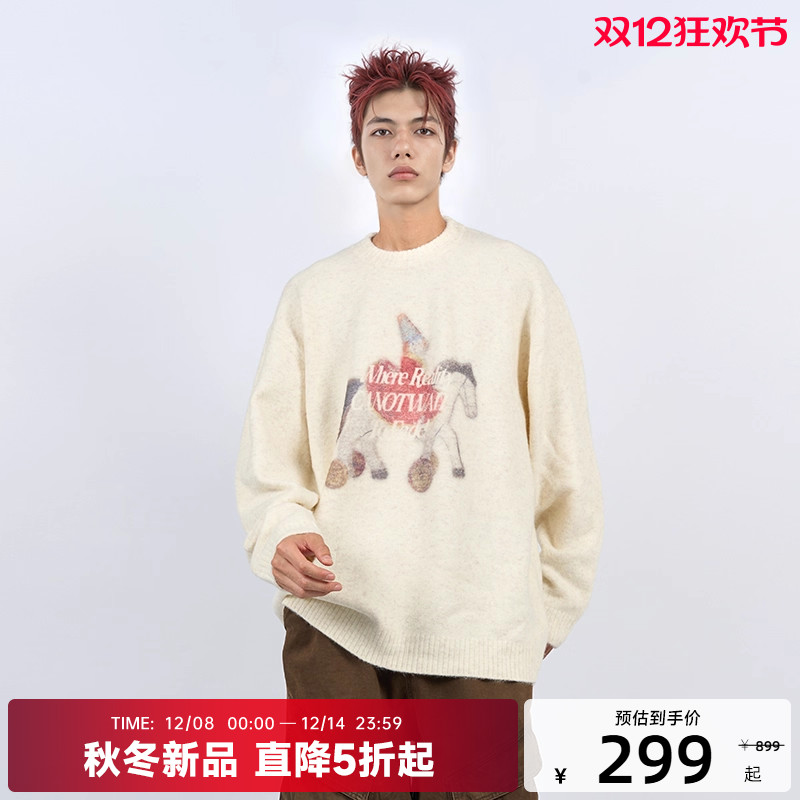 陈伟霆CANOTWAIT梦游童话小马印花套头毛衣秋冬季圆领针织男女