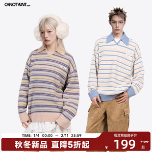 CANOTWAIT陈伟霆拼色条纹POLO领套头毛衣慵懒针织衫秋冬男女新品