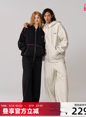 CANOTWAIT_athome系列复古彩标抓绒连帽卫衣卫裤套装外套男女款