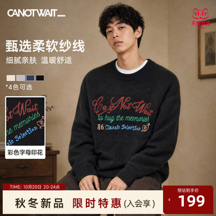 【秋季新品】陈伟霆毛衣男CANOTWAIT旧时光复古字母印花圆领毛衣