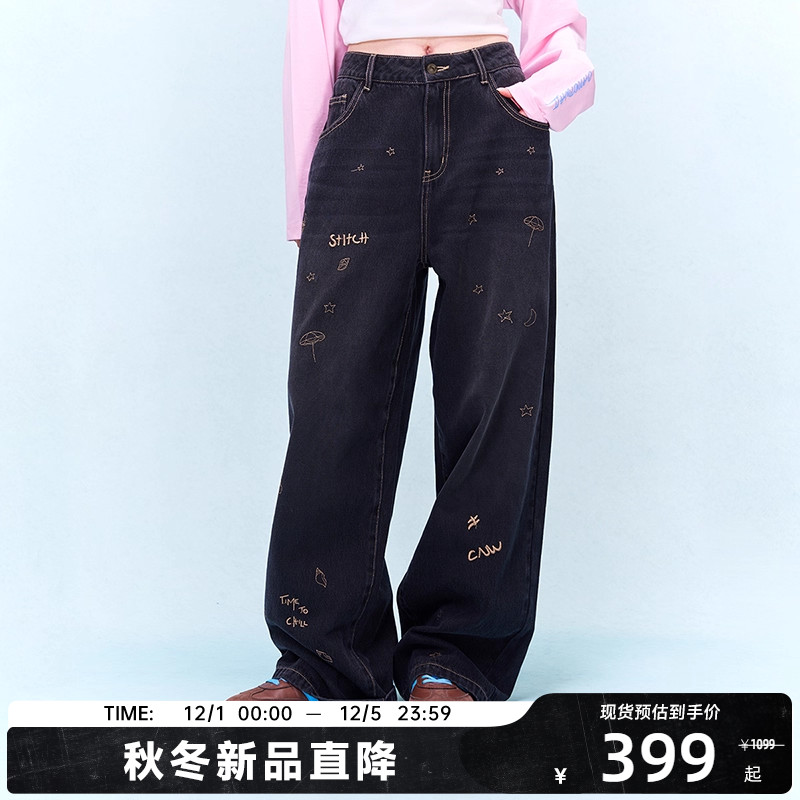 CANOTWAIT X 迪士尼联名史迪奇刺绣水洗牛仔长裤休闲男女秋季显瘦