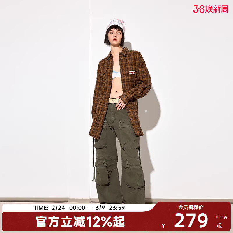 【陈伟霆】CANOTWAIT美式复古翻领格纹长袖衬衫连衣裙宽松春夏款