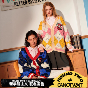 复古撞色菱格毛衣开衫 CANOTWAIT TWO联名美式 ROUND 情侣潮 陈伟霆