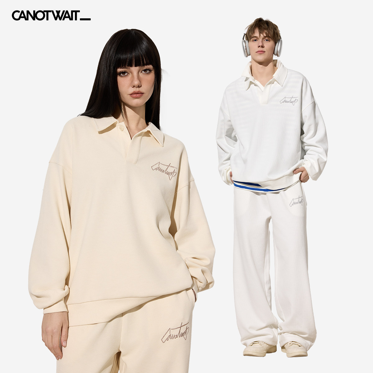 【陈伟霆同款】CANOTWAIT老钱风华夫格卫衣休闲运动套装男