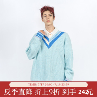 【开学装备】陈伟霆CANOTWAIT美式复古学院风不规则V领毛衣秋冬