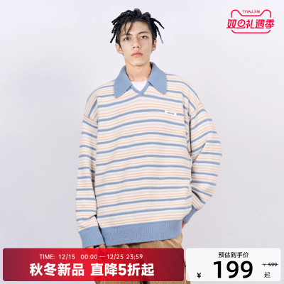 CANOTWAIT 拼色条纹POLO领套头毛衣情侣款慵懒风针织衫秋冬季新款