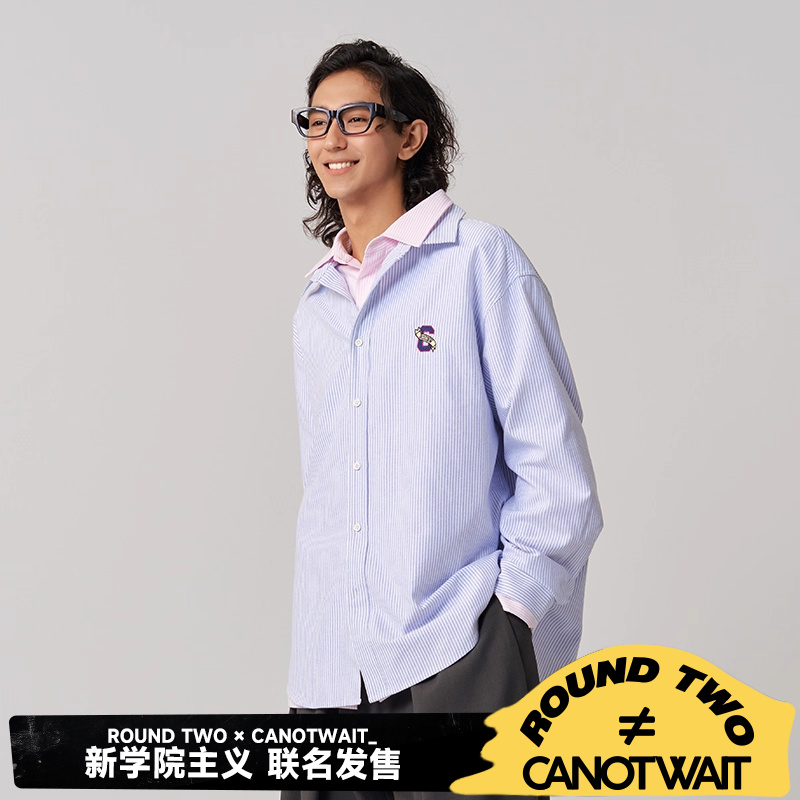 CANOTWAIT ROUND TWO联名字母刺绣条纹长袖衬衫男女秋季休闲百搭