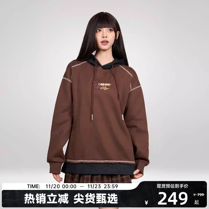 陈伟霆CANOTWAIT 拼色动物刺绣图标连帽卫衣宽松百搭潮摇粒绒保暖