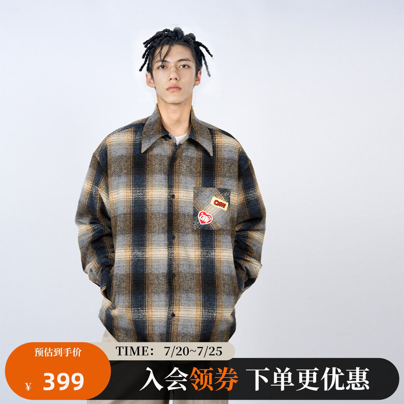 CANOTWAIT 复古渐变格纹长袖衬衫棉服外套秋冬情侣款设计感休闲