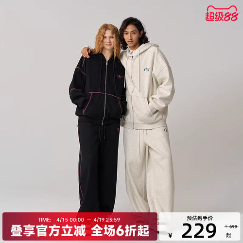 CANOTWAIT_athome系列复古彩标抓绒连帽卫衣卫裤套装外套男女款